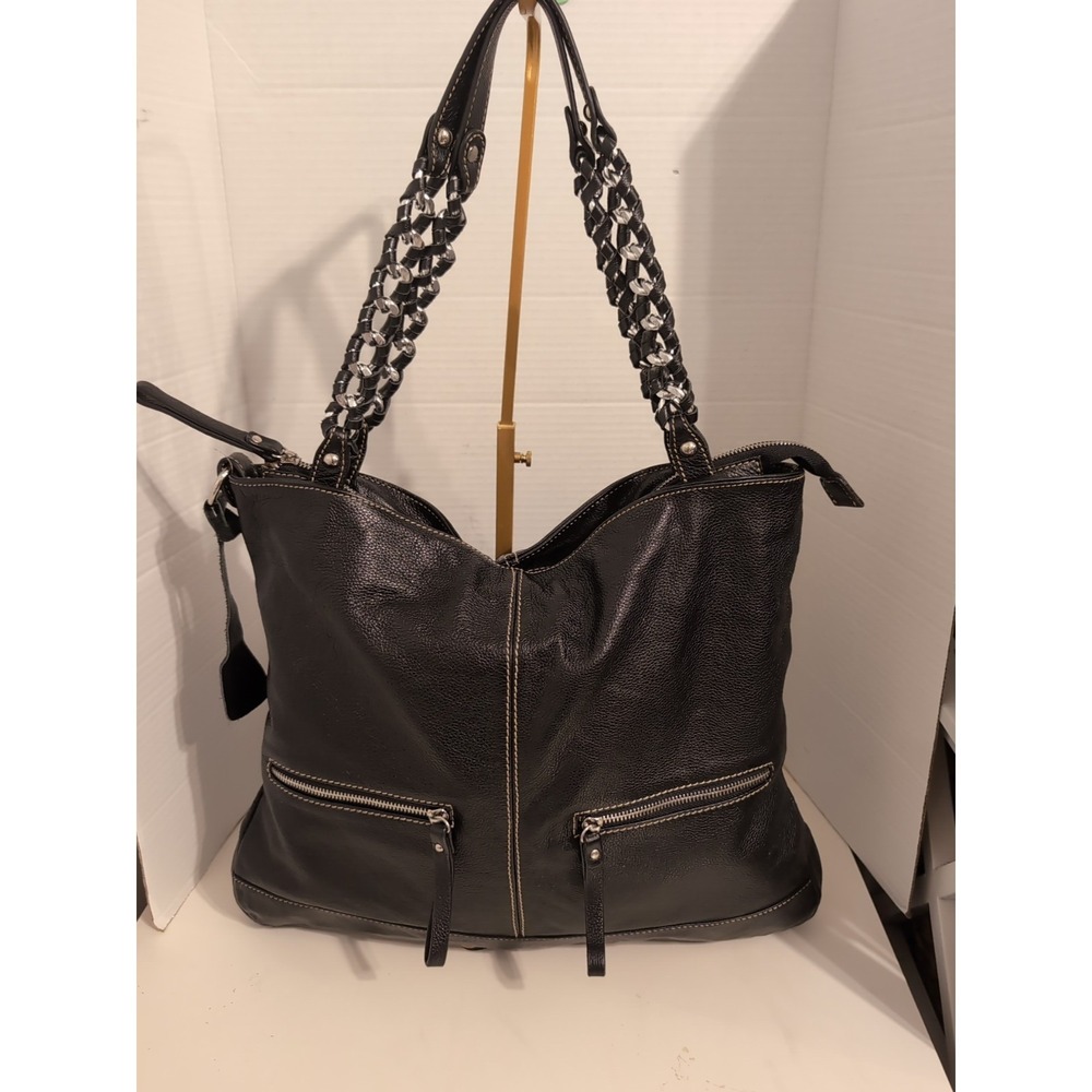 Celsius Black Pebbled Leather Chain Tote‎ Shoulder Bag
